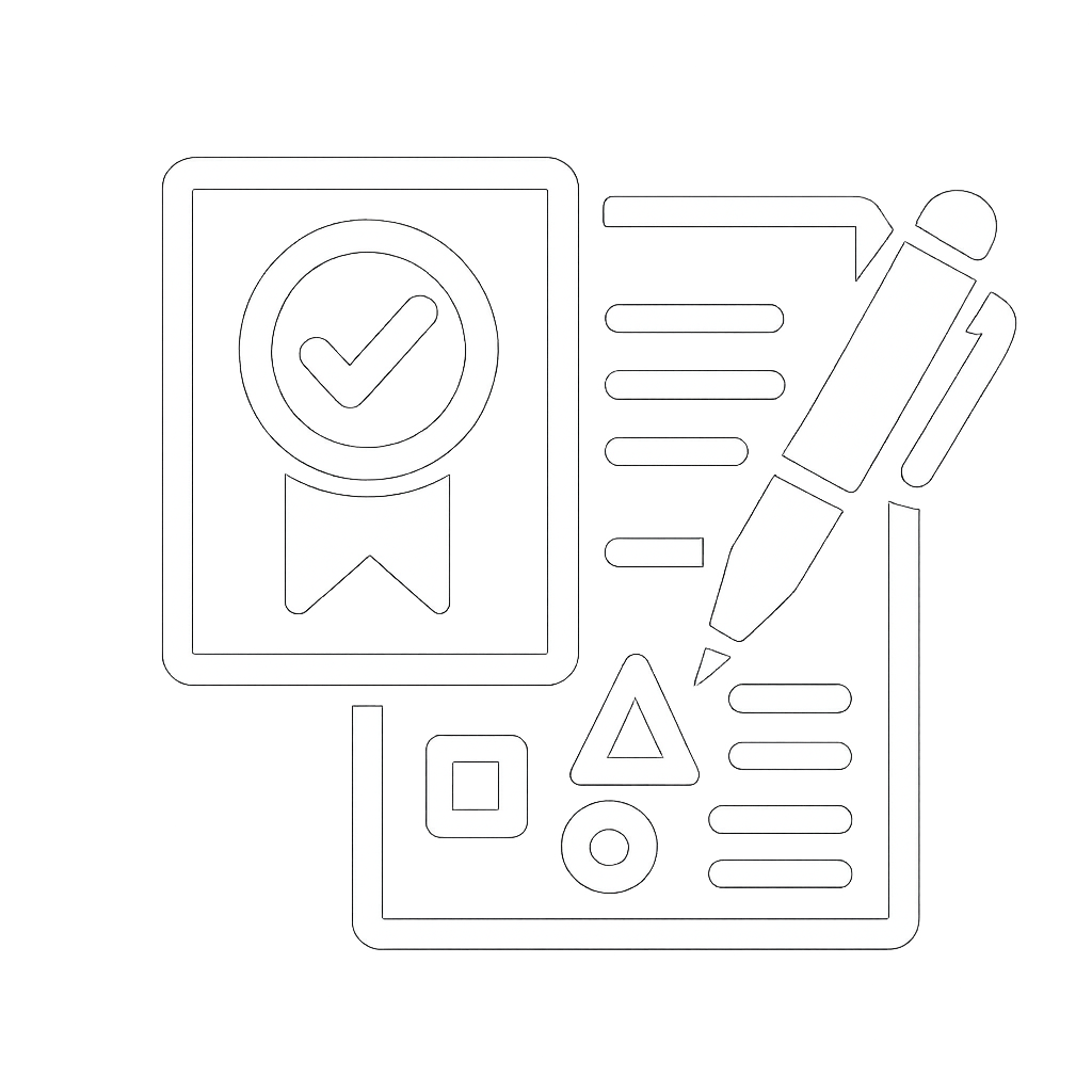 icona bianca senza sfondo che rappresenti la qualifica ufficiale del mix design e redazione della documentazione tecnica conforme alle norme vigenti